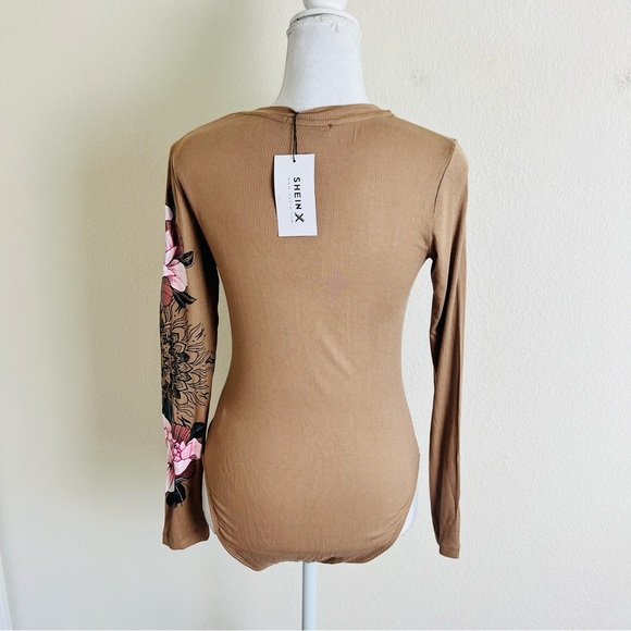NWT Shein X Designer Brown Ribbed Long Sleeve Floral Bustier Bodysuit - Picture 3 of 5